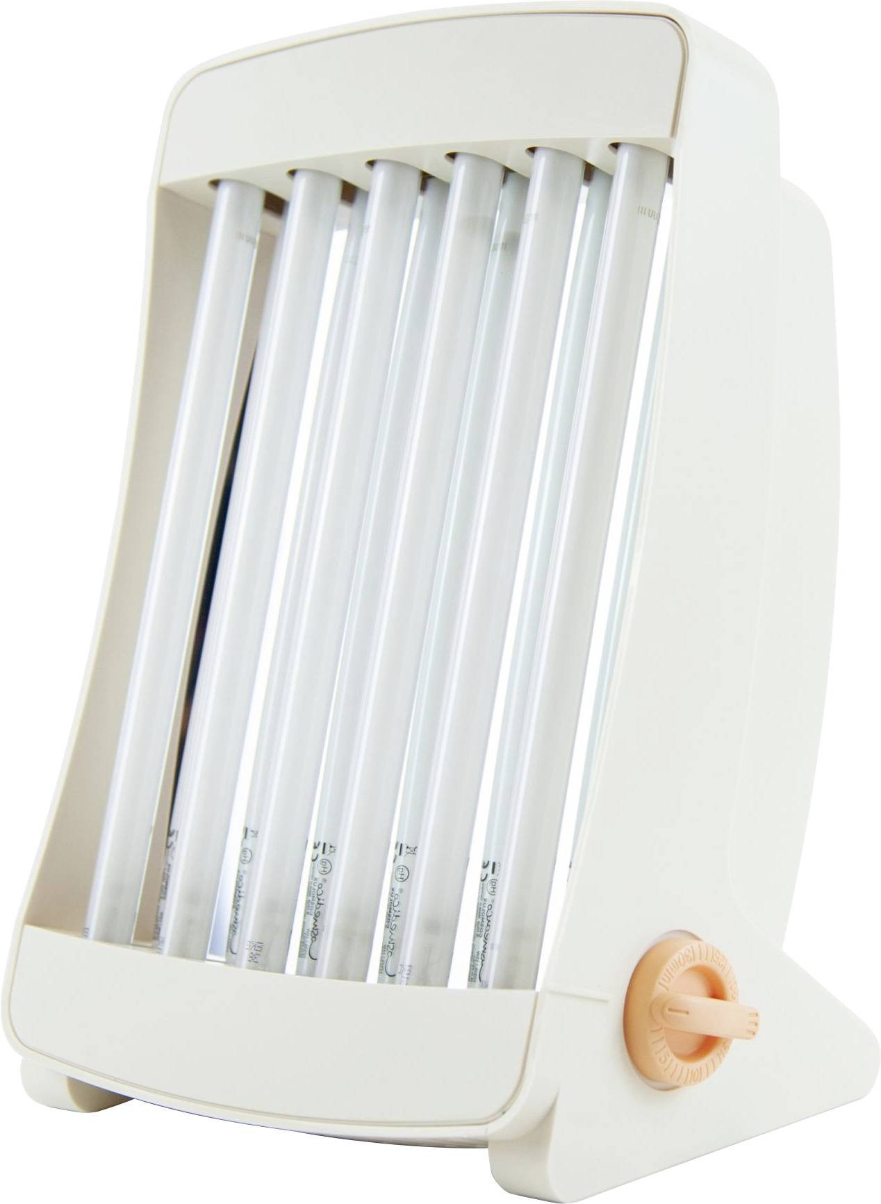 Egy fehér fénydoboz hat hosszú, függőlegesen elrendezett fénycsővel és egy narancssárga forgatógombbal az oldalán.