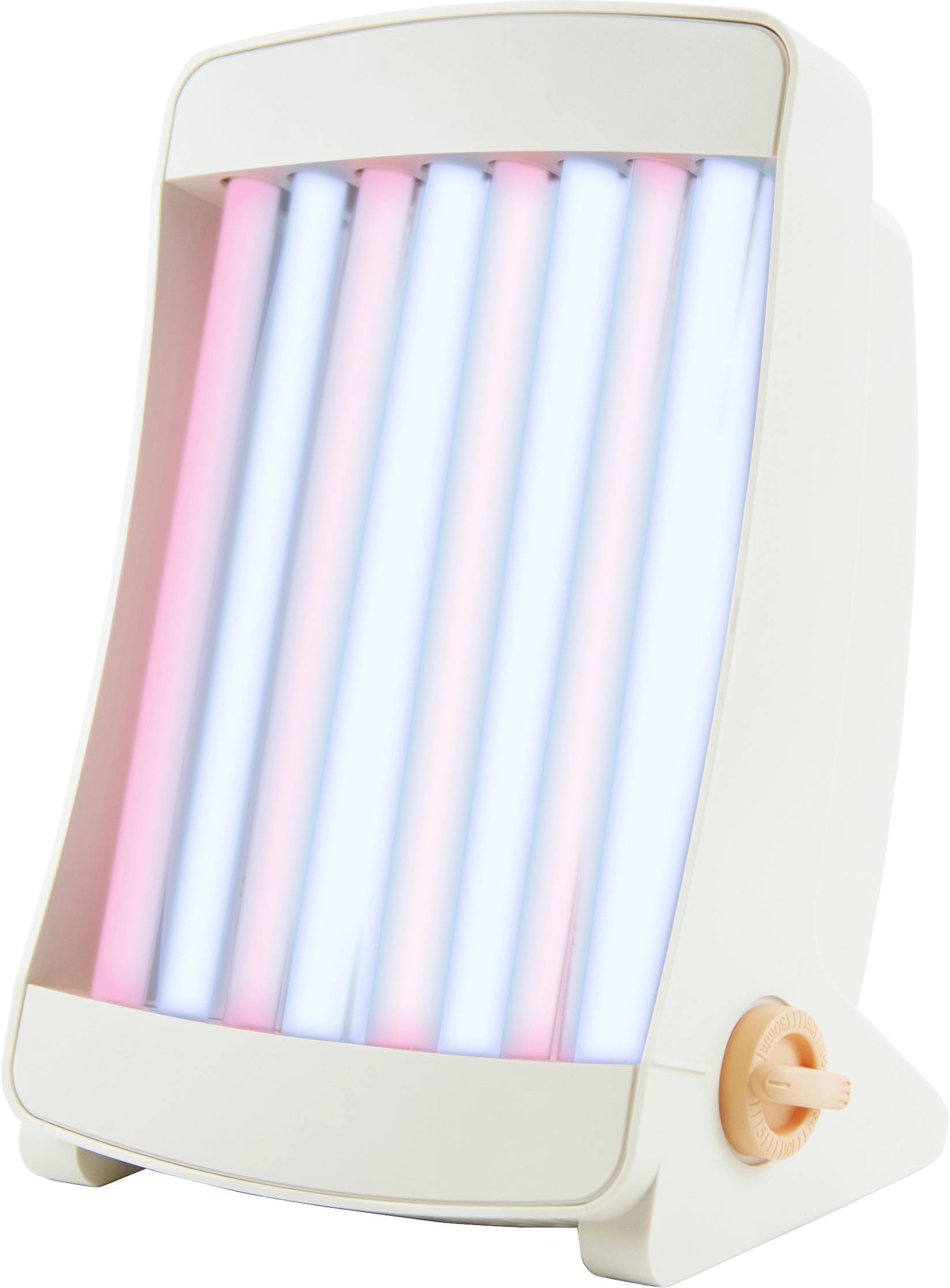 Egy fehér eszköz, amelyen több, függőlegesen elrendezett fénycső található kék és rózsaszín színben. Az oldalán egy forgógomb található.