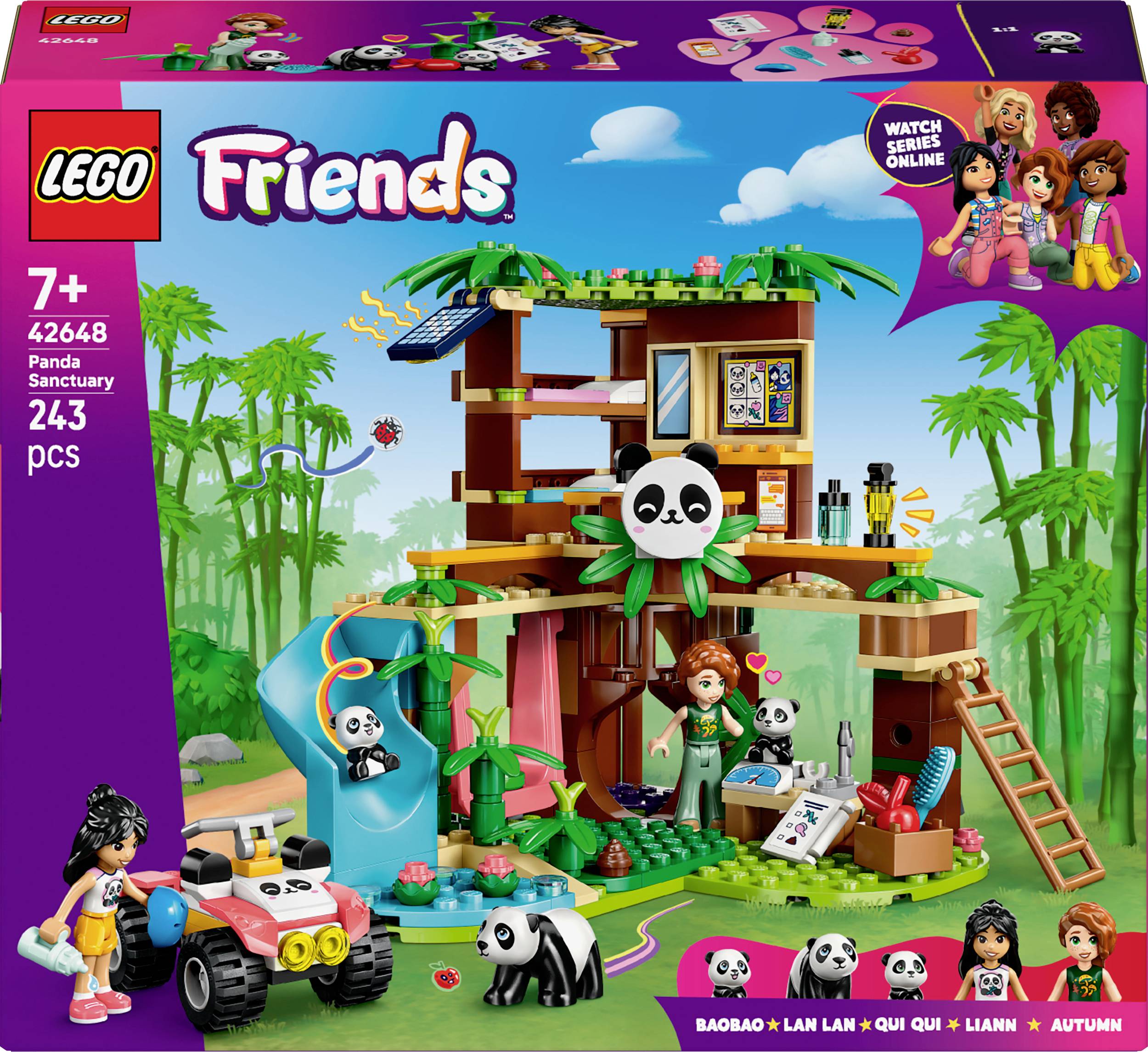 LEGO készlet 'Panda Menedékhely' 7 éves kortól. Tartalmaz egy faházat, pandákat és játékfigurákat. 'LEGO Friends' tematikus világ.