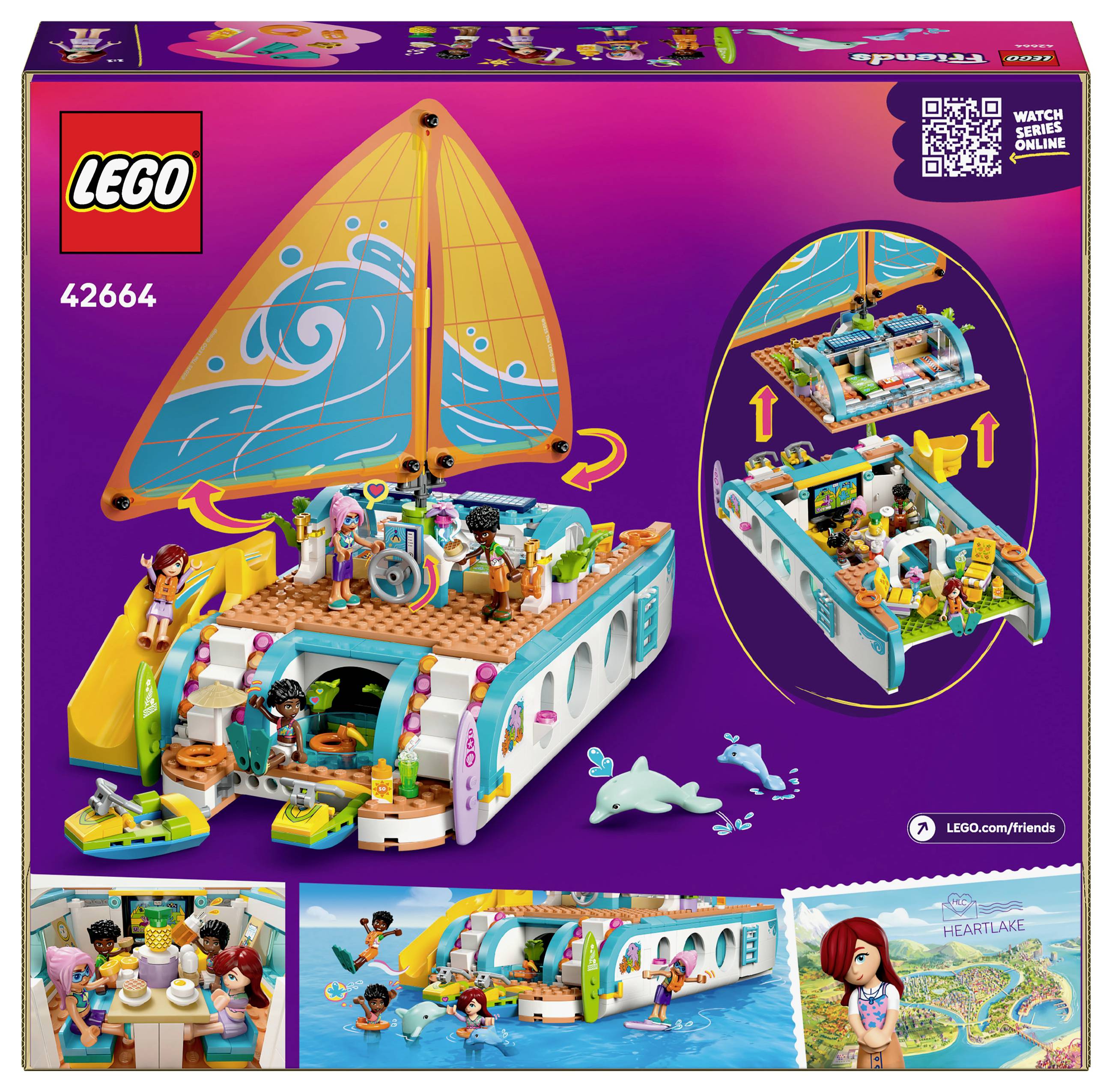 LEGO-készlet 42664: Színes vitorlás hajó figurákkal és delfinekkel. Jobb felül: A belső tér és játszó gyerekek ábrázolásai.
