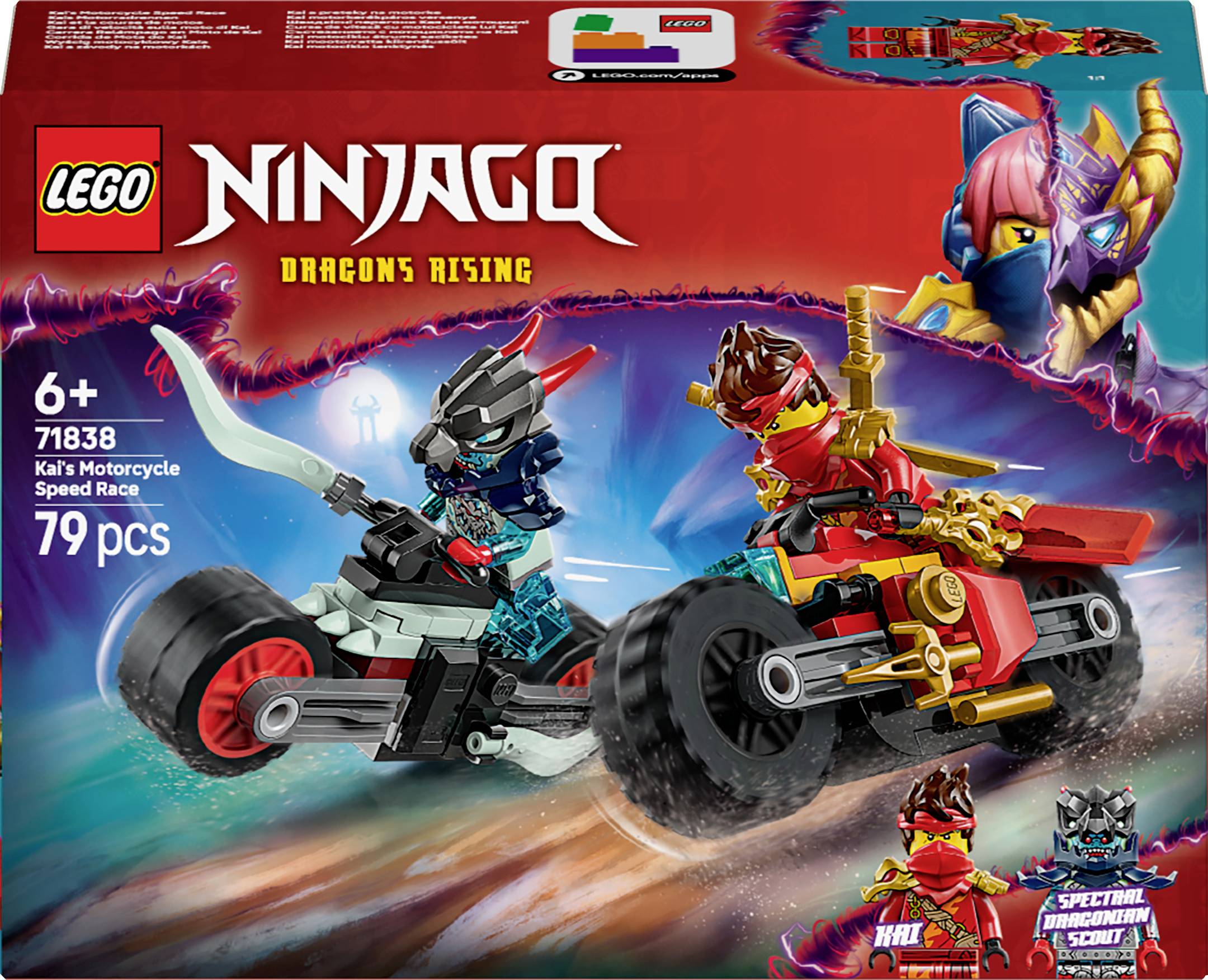 LEGO Ninjago építőkészlet 'Dragons Rising', 71838-as szett. Tartalmazza Kai figurát és speeder motorkerékpárokat 6 éves kortól, 79 darabos.