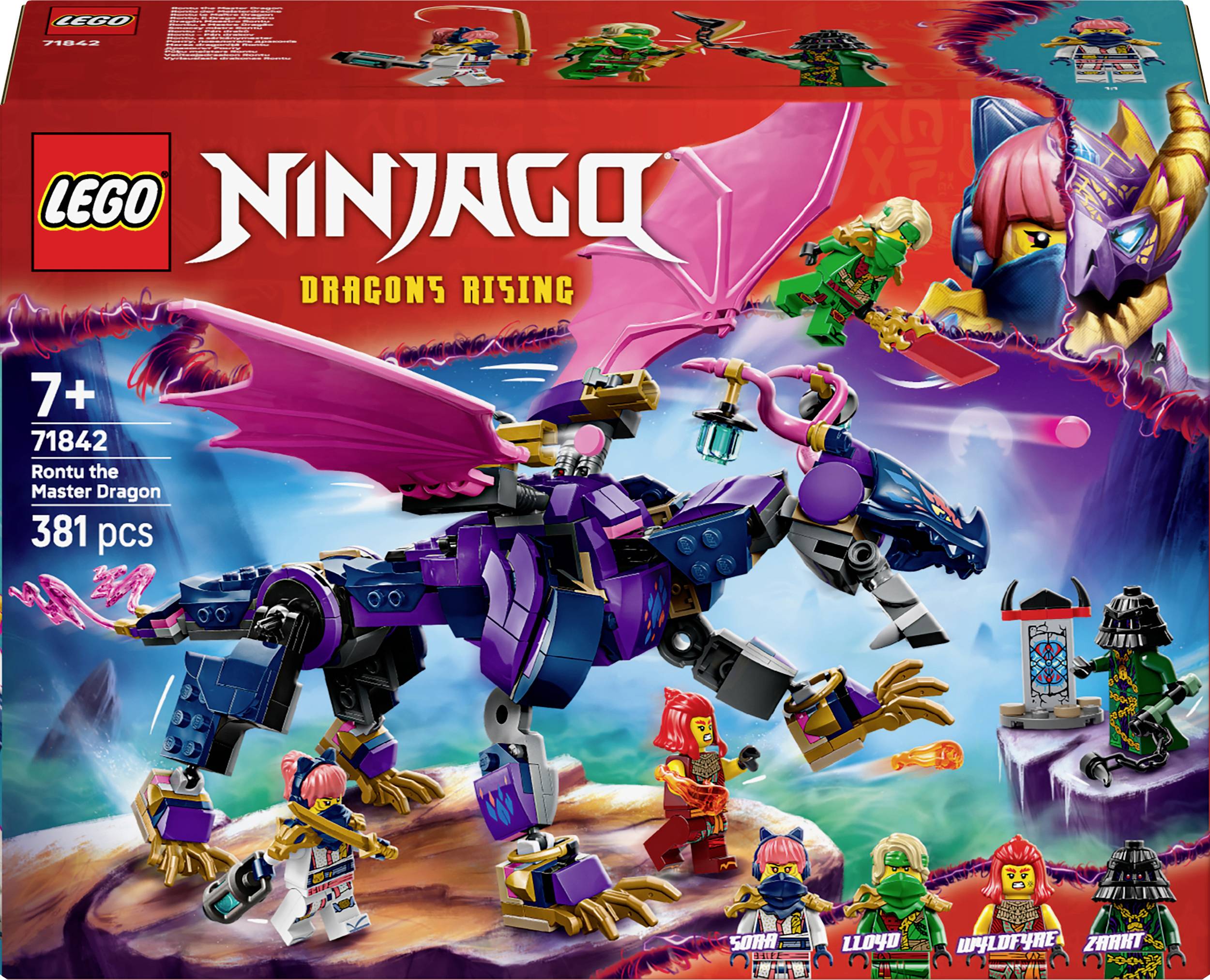 LEGO Ninjago szett 'Sárkányok ébredése' lila sárkánnyal, 381 darabos. Három figurát és egy sárkányt tartalmaz, 7 éves kortól.