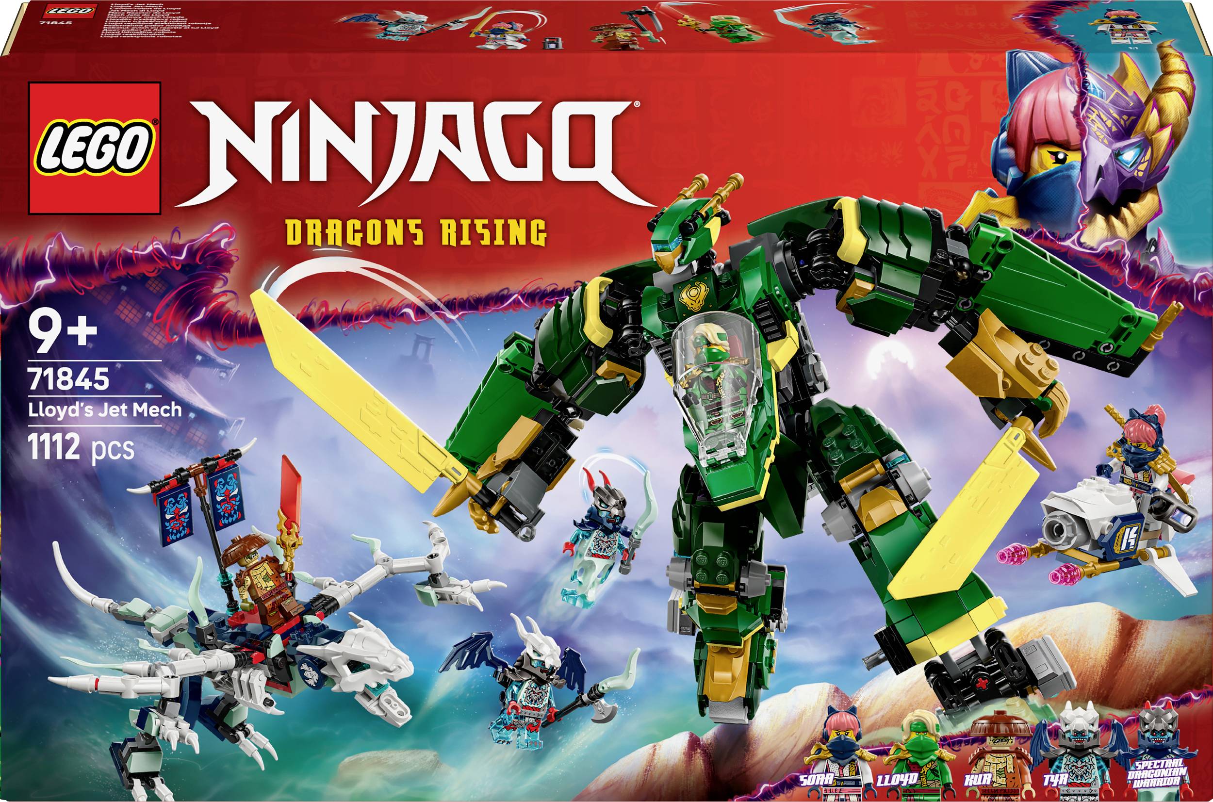 Lego-készlet 'Ninjago Lloyd robotrepülője' 1112 darabbal 9 éves kortól. Nagy zöld robotot és sárkányt mutat színes csomagoláson.