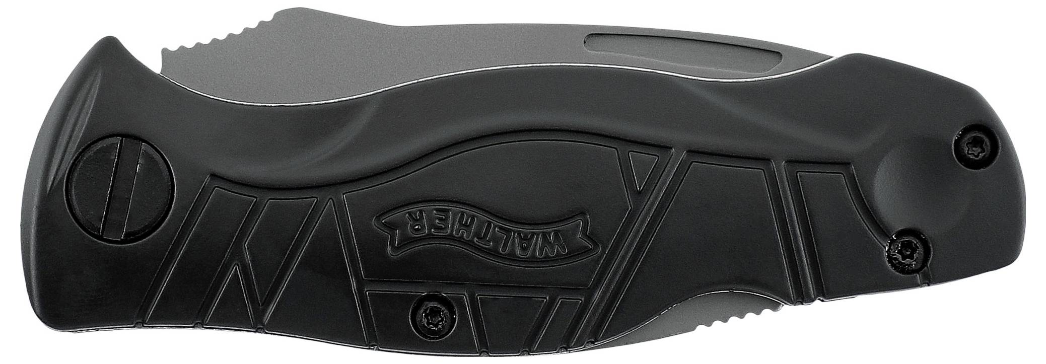 Fekete, összecsukott zsebkés textúrás markolattal, oldalára fektetve. Egyszerű dizájn, nyitott penge nélkül.