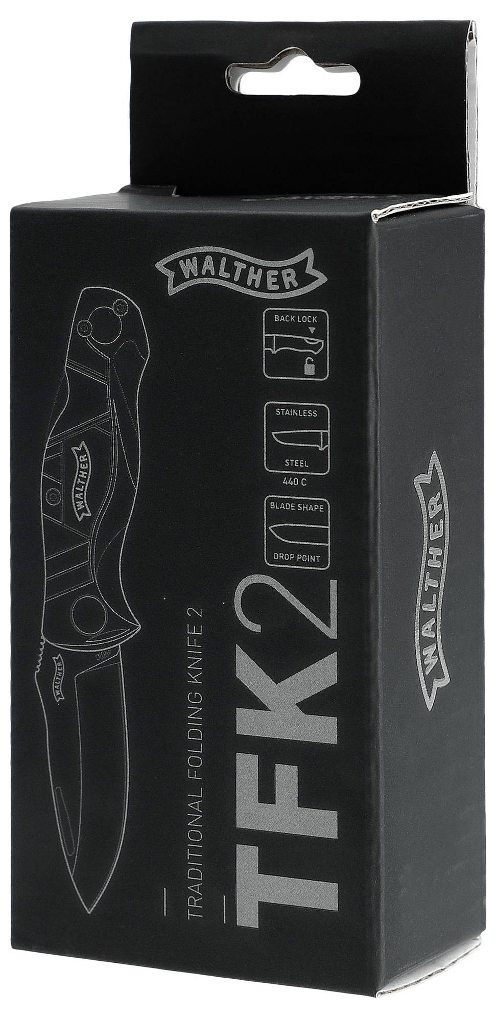 Egy Walther márkájú fekete doboz, amelyen a 'TFK 2' felirat szerepel, és egy összecsukható kés képe látható, amelynek pengéjáról részletes jellemzők olvashatók le.
