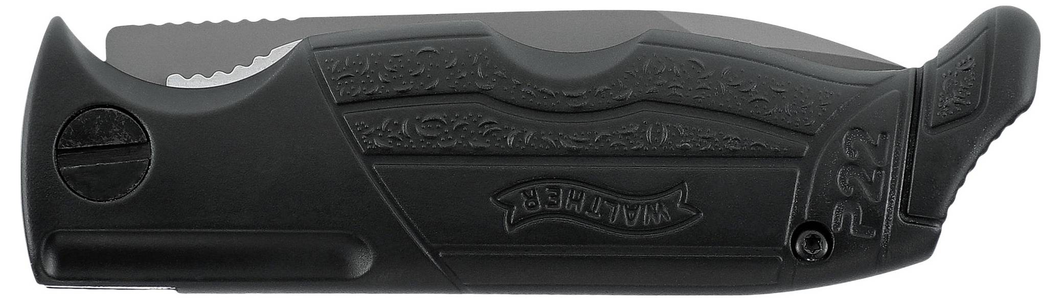 Kompakt, összecsukható fekete zsebkés bevésett markolatmintával és Walther logóval.