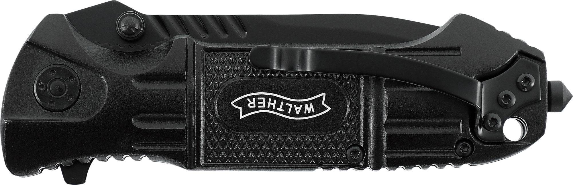 Kompakt, fekete összecsukható kés a 'Walther' logóval középen. Övcsipesszel és fogazott élekkel rendelkezik.