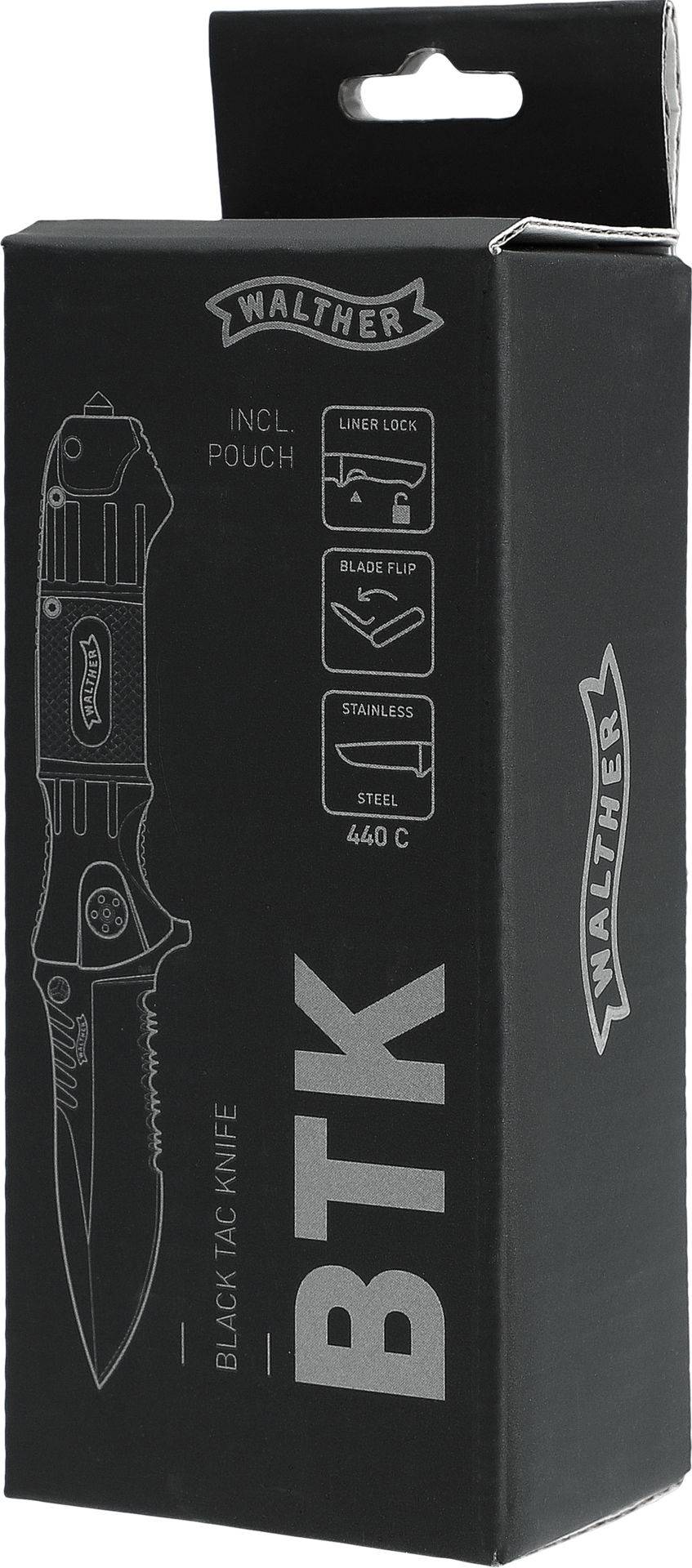 Fekete kartondoboz, rajta egy összecsukható kés képével és a 'Walther BTK' felirattal. Feliratok: 'Liner zár', 'Penge felnyitás', 'Rozsdamentes acél 440 C'.