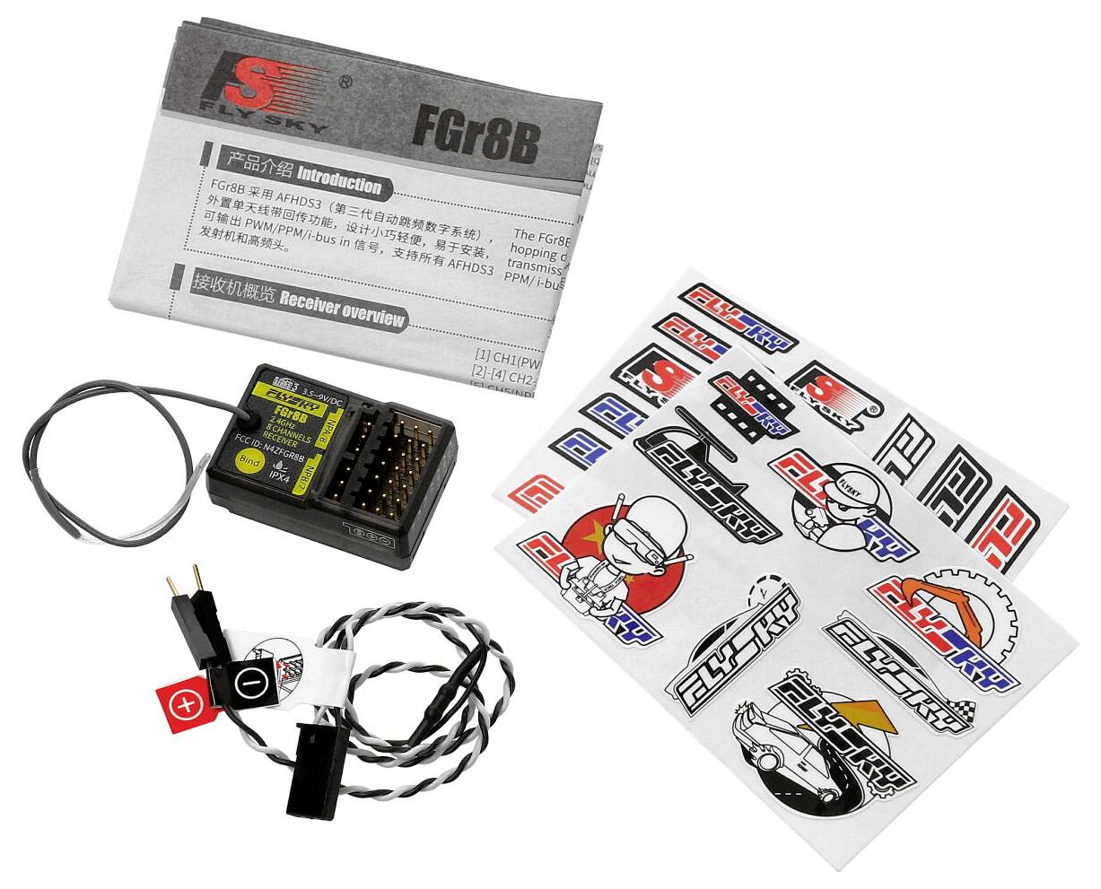 'S-FHSS 2.4GHz vevő, használati útmutató, kábelek, matricaív különböző dizájnokkal.'