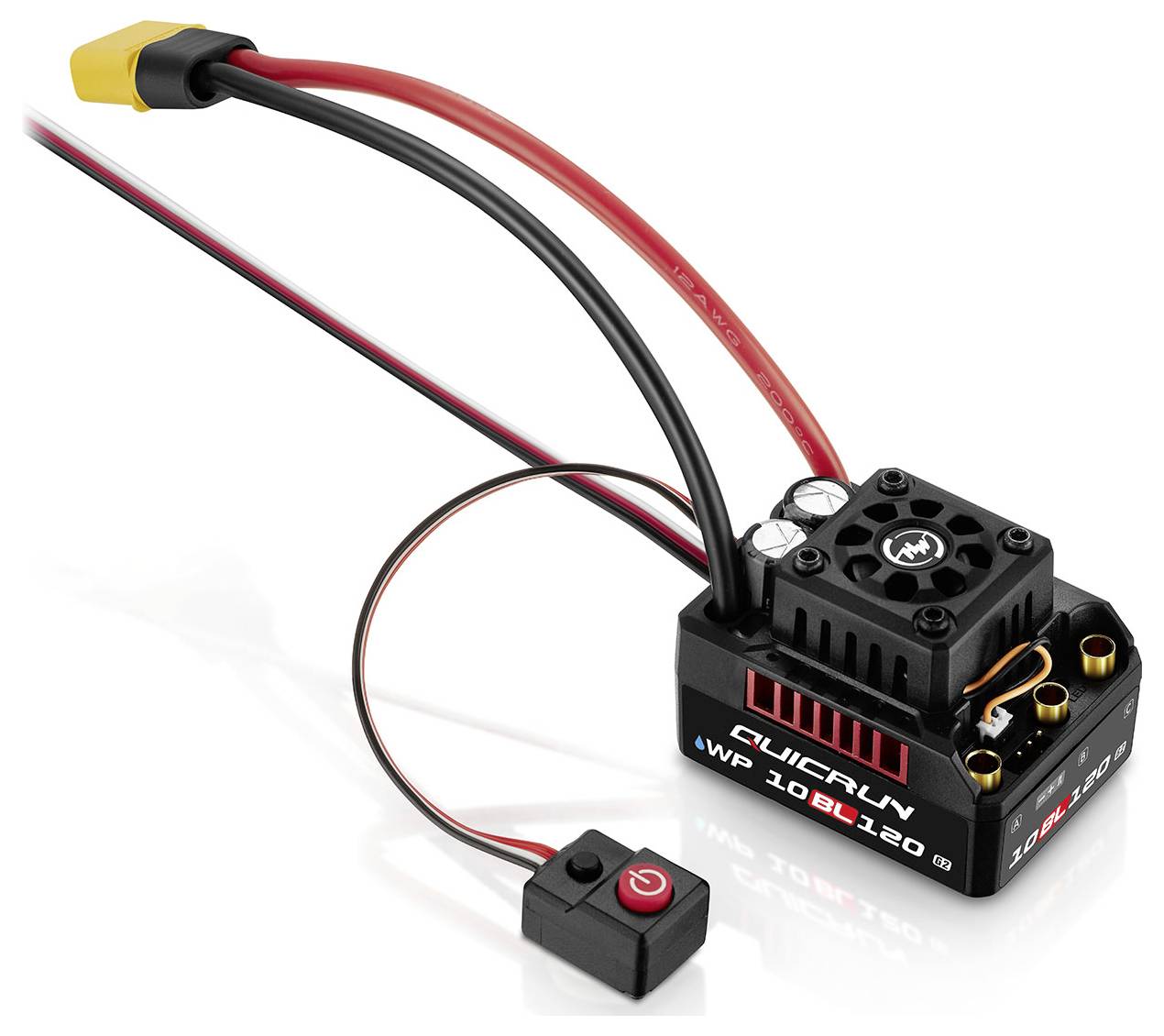 Elektronikus fordulatszám-szabályzó RC modellekhez, több kábel csatlakozóval és külső kapcsolóval.