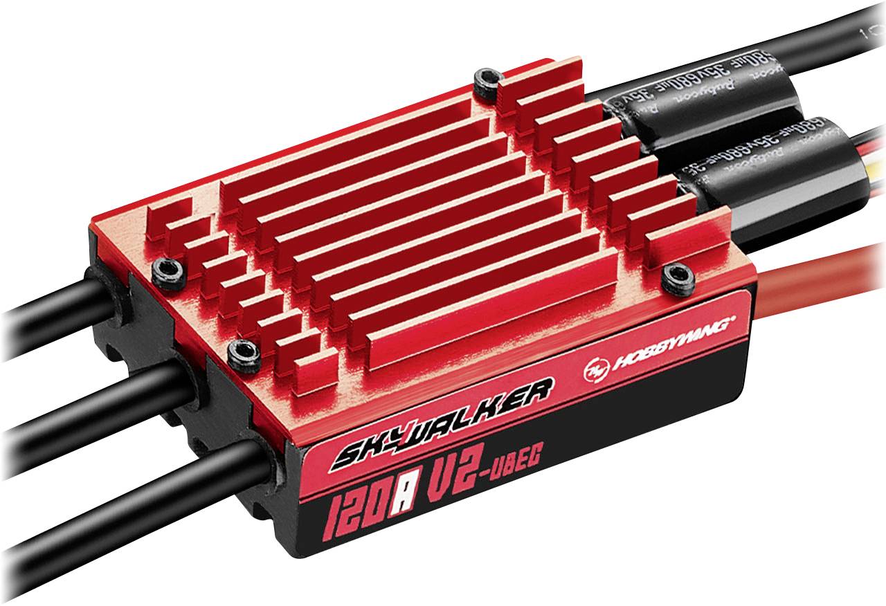'Hobbywing Skywalker 120A V2 elektronikus sebességszabályzó piros hűtőbordával és több kábel csatlakozási lehetőséggel.'