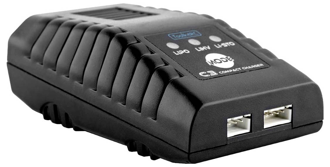 Egy fekete töltő két USB-porttal és négy LED-del, amelyek fel vannak címkézve: 'LiPo', 'LiHV', 'LiFe', 'Mode'.