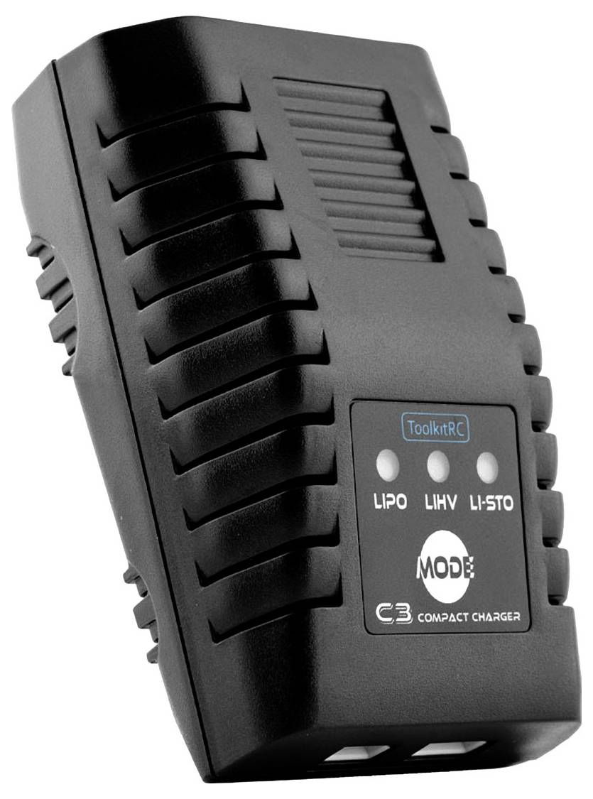 Fekete, kompakt töltőkészülék LiPo, LiHV és Li-Fe akkumulátorok üzemmód-választó gombjaival. Jelölés: 'C3 Compact Charger'.