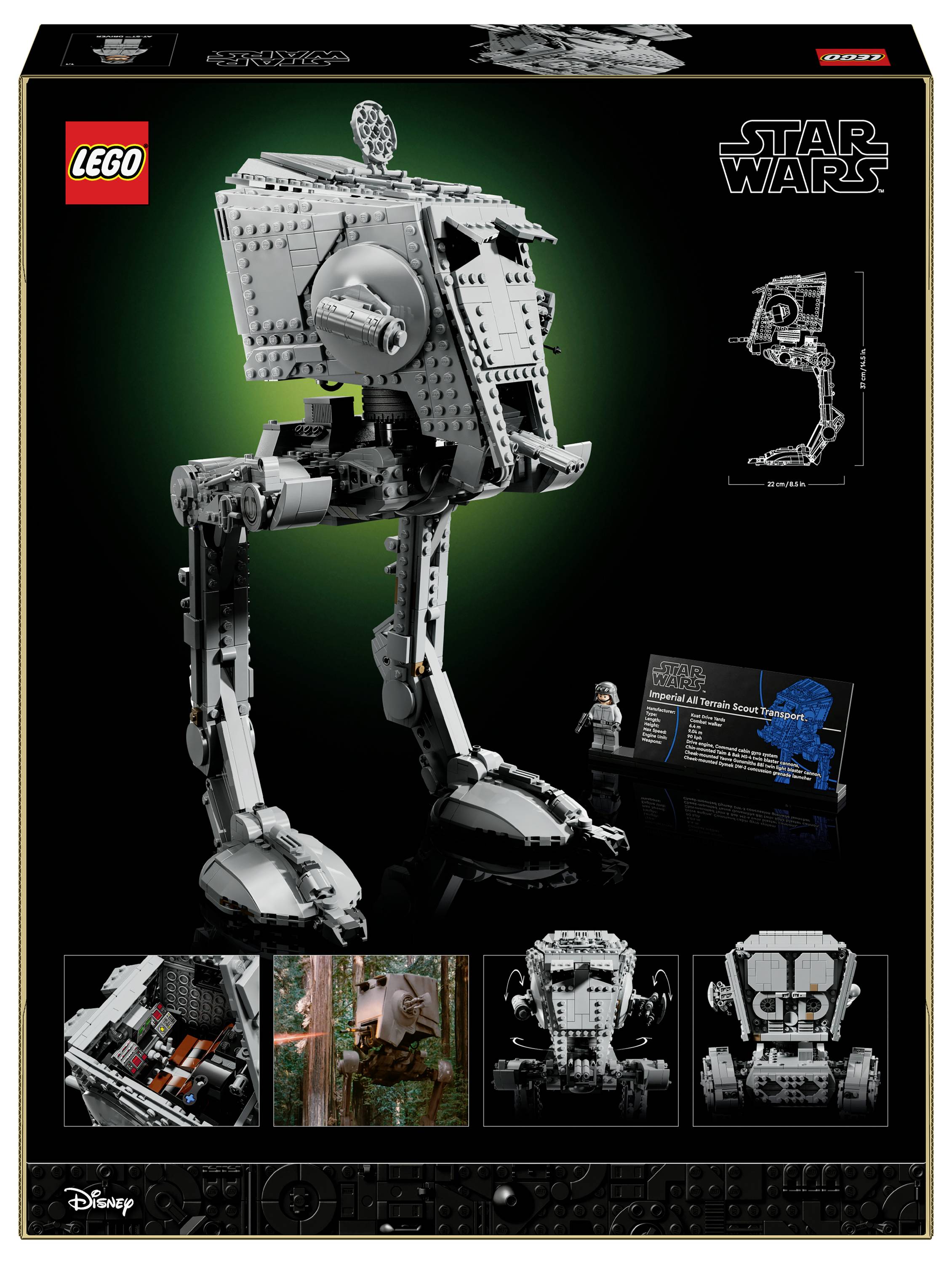 LEGO Star Wars AT-ST szett doboza, amely a modellt zöld háttér előtt mutatja, mini figurák részleteit, belső funkciókat és termékinformációkat tartalmaz.