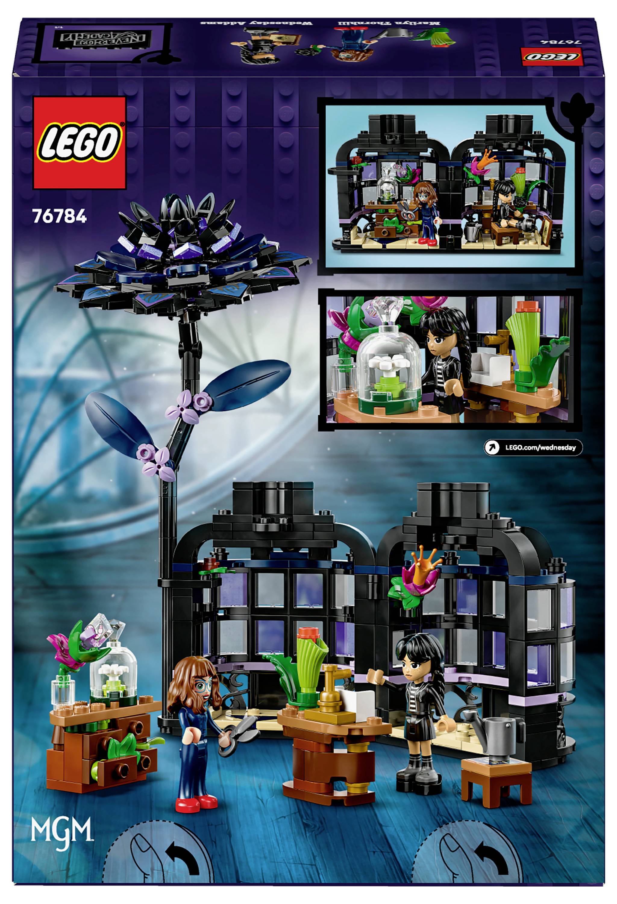 LEGO készlet két minifigurával laboratóriumi környezetben, nagy kristállyal, vezérlőpanellel és üveg tárolóedényekkel növényi elemekkel.