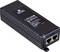 Fekete Power-over-Ethernet adapter eszköz két Ethernet-csatlakozóval, hálózati tápkábel-csatlakozóval és a felső oldalán termékadatokkal.
