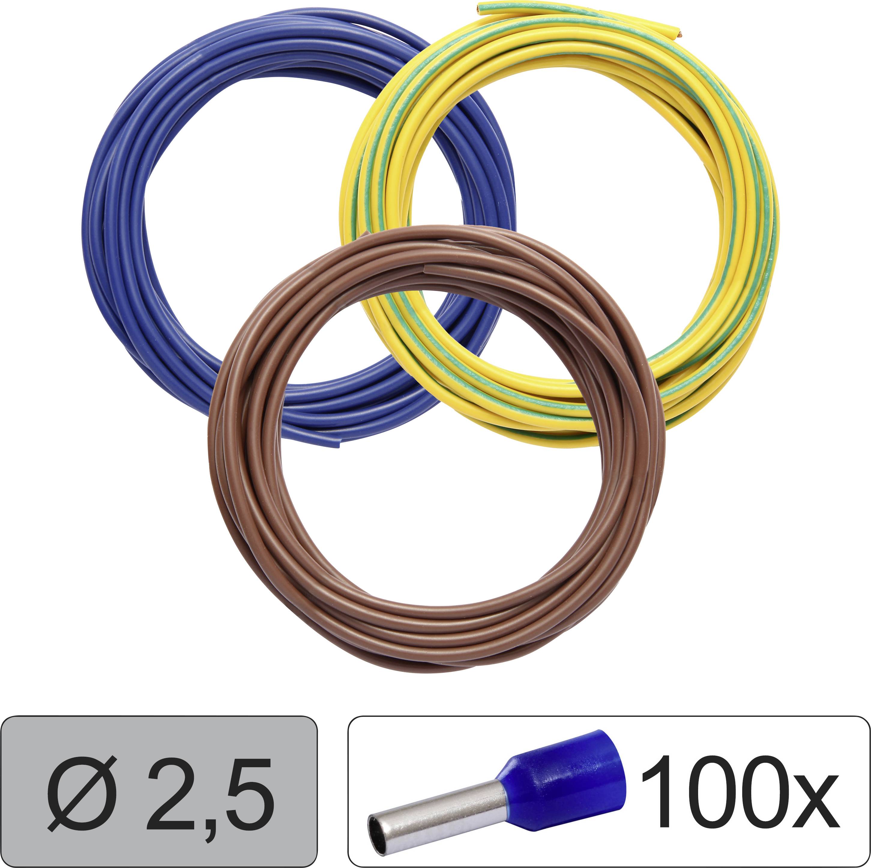 Három kábel kék, sárga-zöld és barna színben; átmérő: 2,5 mm. A képen lent egy kék érvéghüvely, mennyiség: 100 darab.