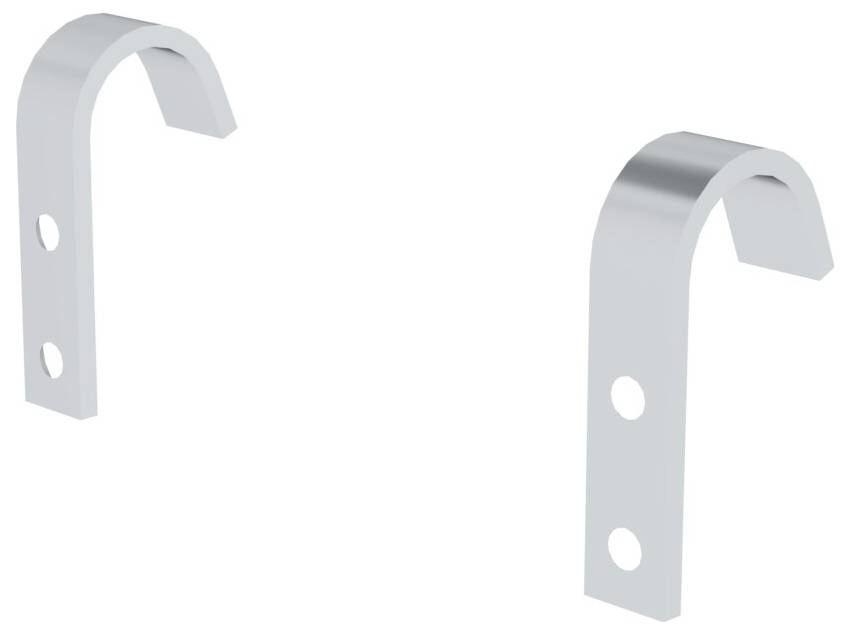 Fémes szög két lyukkal, oldalnézetben. Két ezüstszínű fémdarab, amelyek valószínűleg rögzítésre szolgálnak.