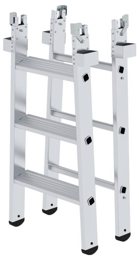 Négy fekete gumitalppal és több csuklóval rendelkező, összecsukható fémlétra, amely rugalmasan alakítható.