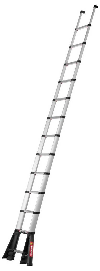 Egy hosszú, ezüstszínű teleszkópos létra áll egyenesen, fekete lábbal és piros részletekkel. Alkalmas rugalmas magassági munkavégzéshez.