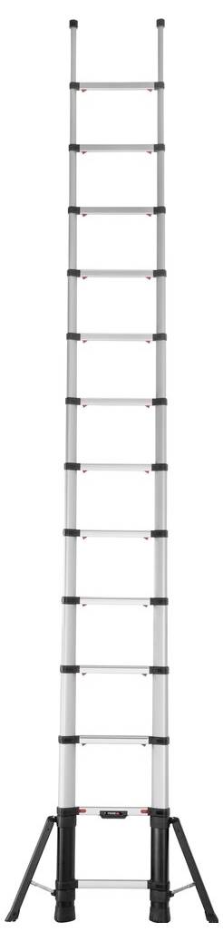 Teleszkópos létra, kinyitva, egy stabil, fekete alapzaton állva. Tökéletes magasabb szintek eléréséhez.