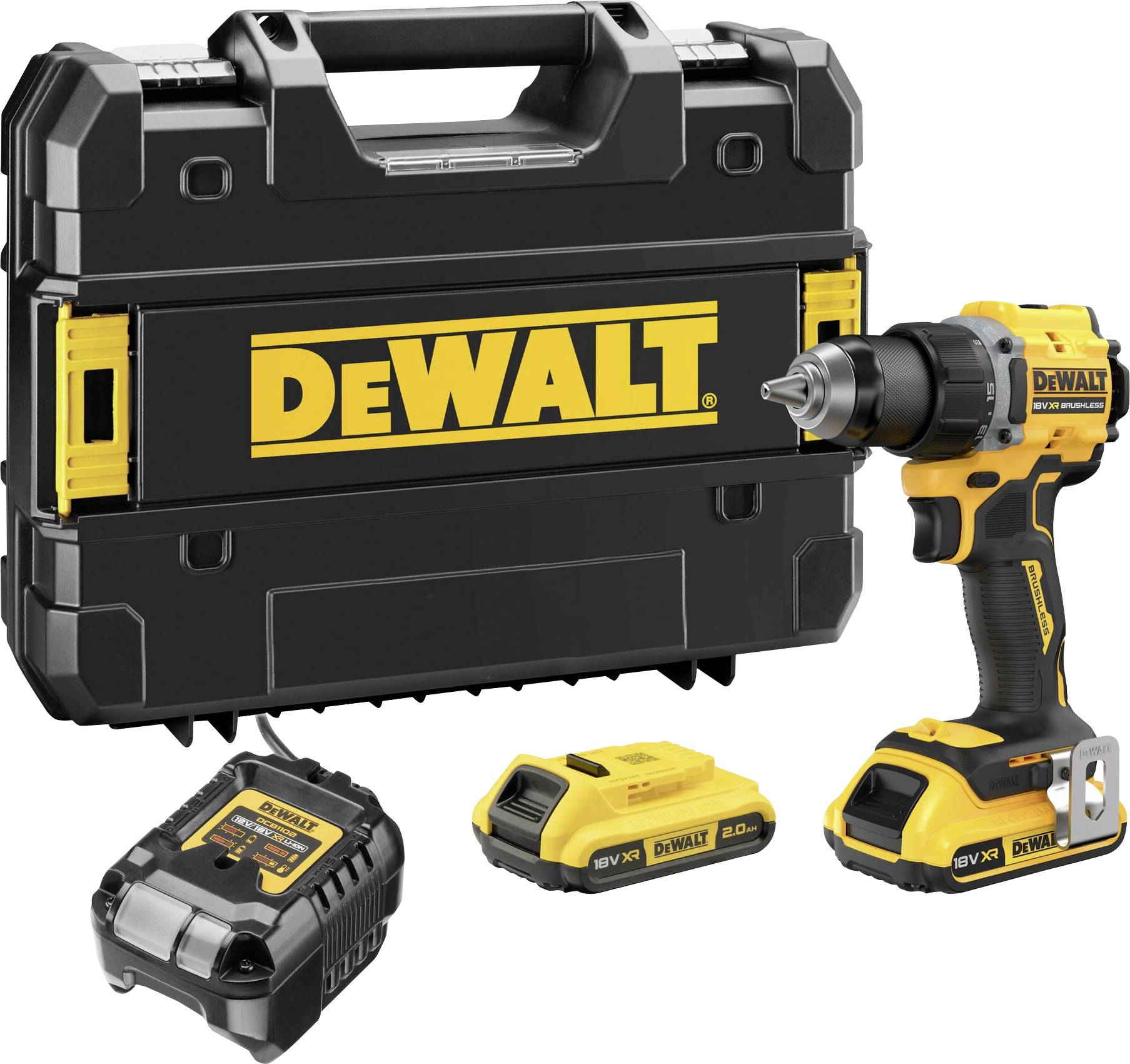 Dewalt akkumulátoros fúró-csavarozó szett egy sárga-fekete fúró-csavarozóval, töltővel, két akkumulátorral és egy fekete szerszámtáskával.