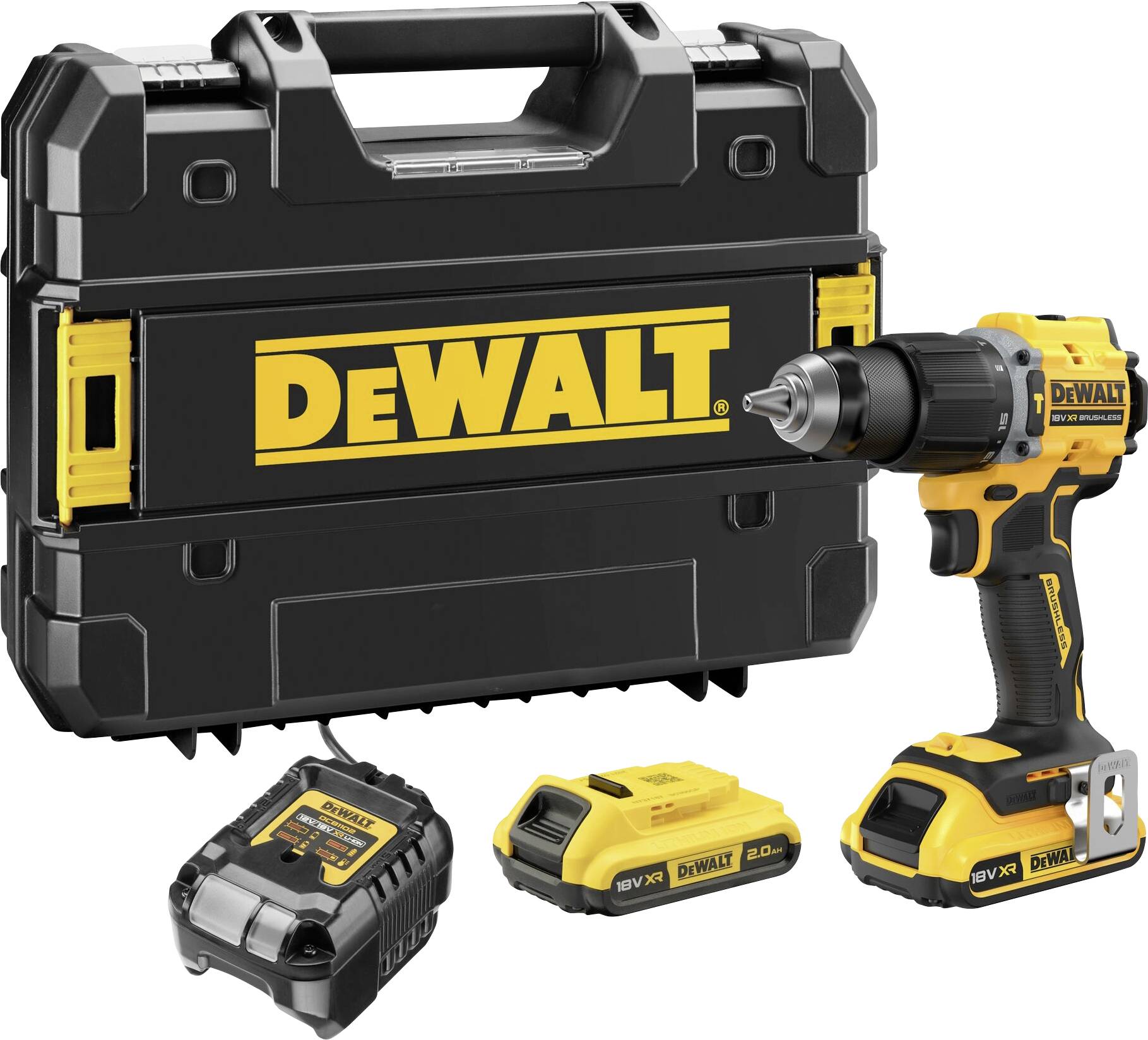 Egy sárga DEWALT akkus fúrócsavarozó kofferrel, töltővel és két akkumulátorral.