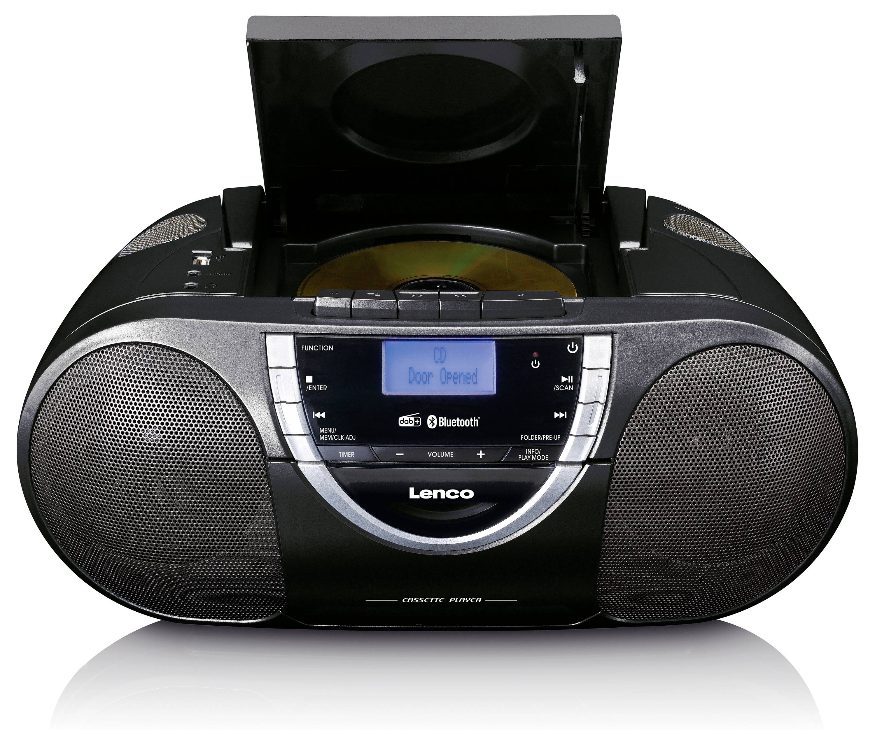 Egy hordozható CD-lejátszó Bluetooth-funkcióval és digitális kijelzővel az elején, nyitott CD-rekesszel és beépített hangszórókkal.