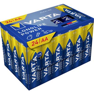 '24 darabos Varta Longlife Power AA elem csomag kék-sárga dizájnban.'