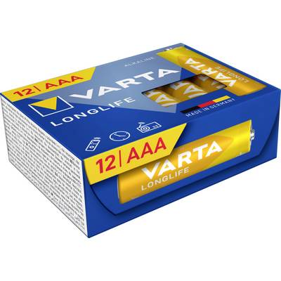 VARTA Longlife AAA-elemek kék csomagolásban, 12 darab, eszközökhöz mint kamerák és távirányítók. Gyártva Németországban.