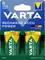 'VARTA Recharge Accu Power' akkumulátorcsomag két darab D-méretű elemmel, 3000 mAh kapacitással, zöld és sárga dizájnban, kartonpapír alapú csomagolásban.