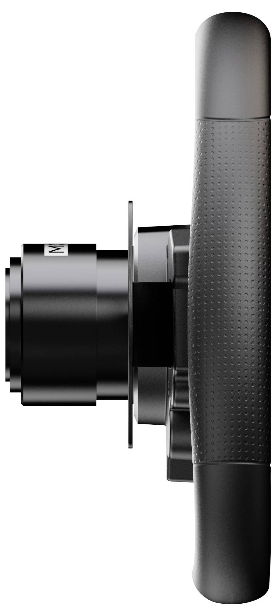 Fekete, hengeres eszköz oldalnézetben, strukturált fogantyúval a jobb oldalon, valószínűleg egy fényképezőgép vagy hasonló műszaki felszerelés.