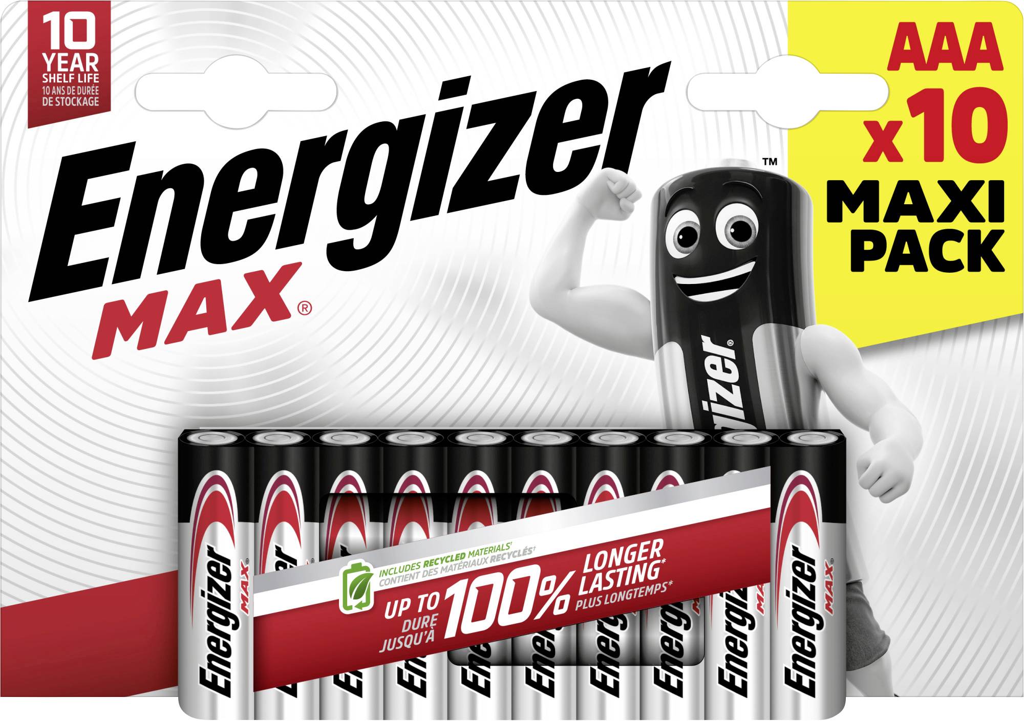 Energizer Max AAA elemek, Maxi-Pack 10 darabos kiszerelés. Akár 100%-kal hosszabb élettartamot ígér, 10 évig tárolható.