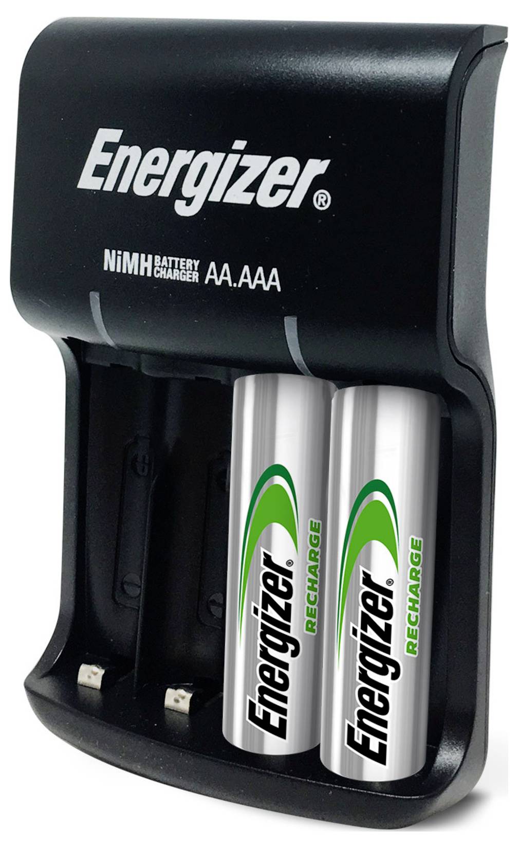 Energizer NiMH elemtöltő AA és AAA méretű akkumulátorokhoz, két behelyezett, újratölthető AA elemmel.