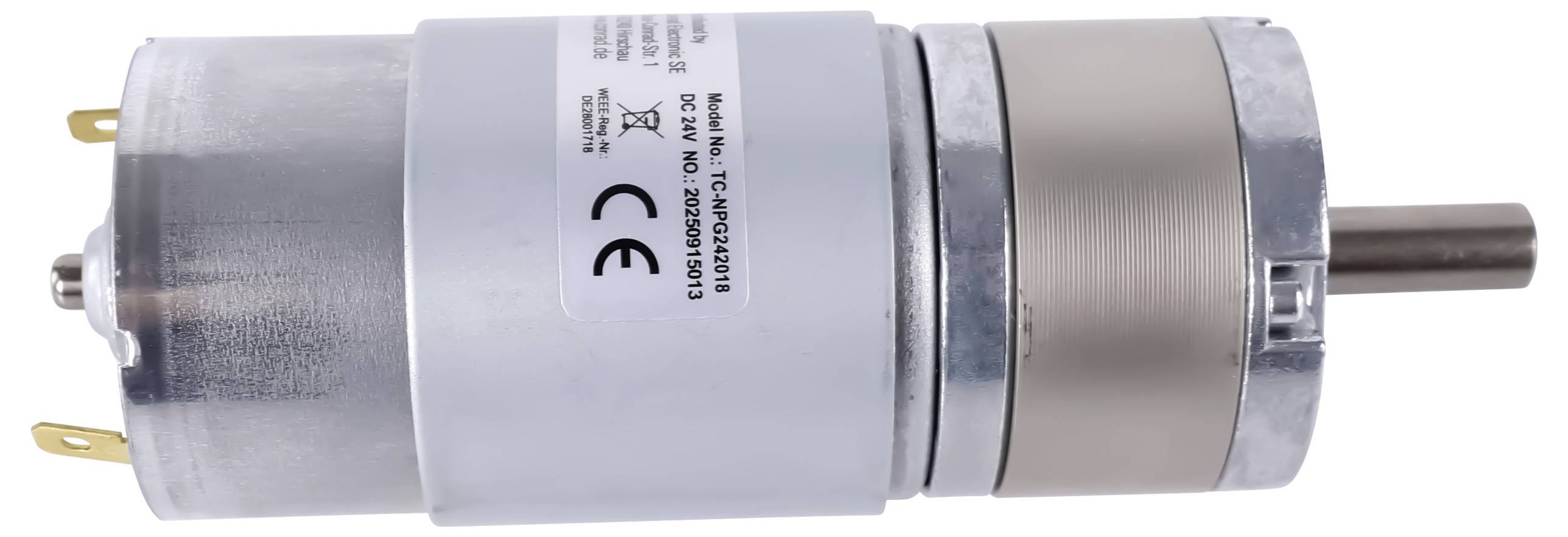 Egy hengeres fémházas villanymotor, amelynek egyik végén kiálló tengely található, feliratozással ellátott házzal és műszaki specifikációkkal.