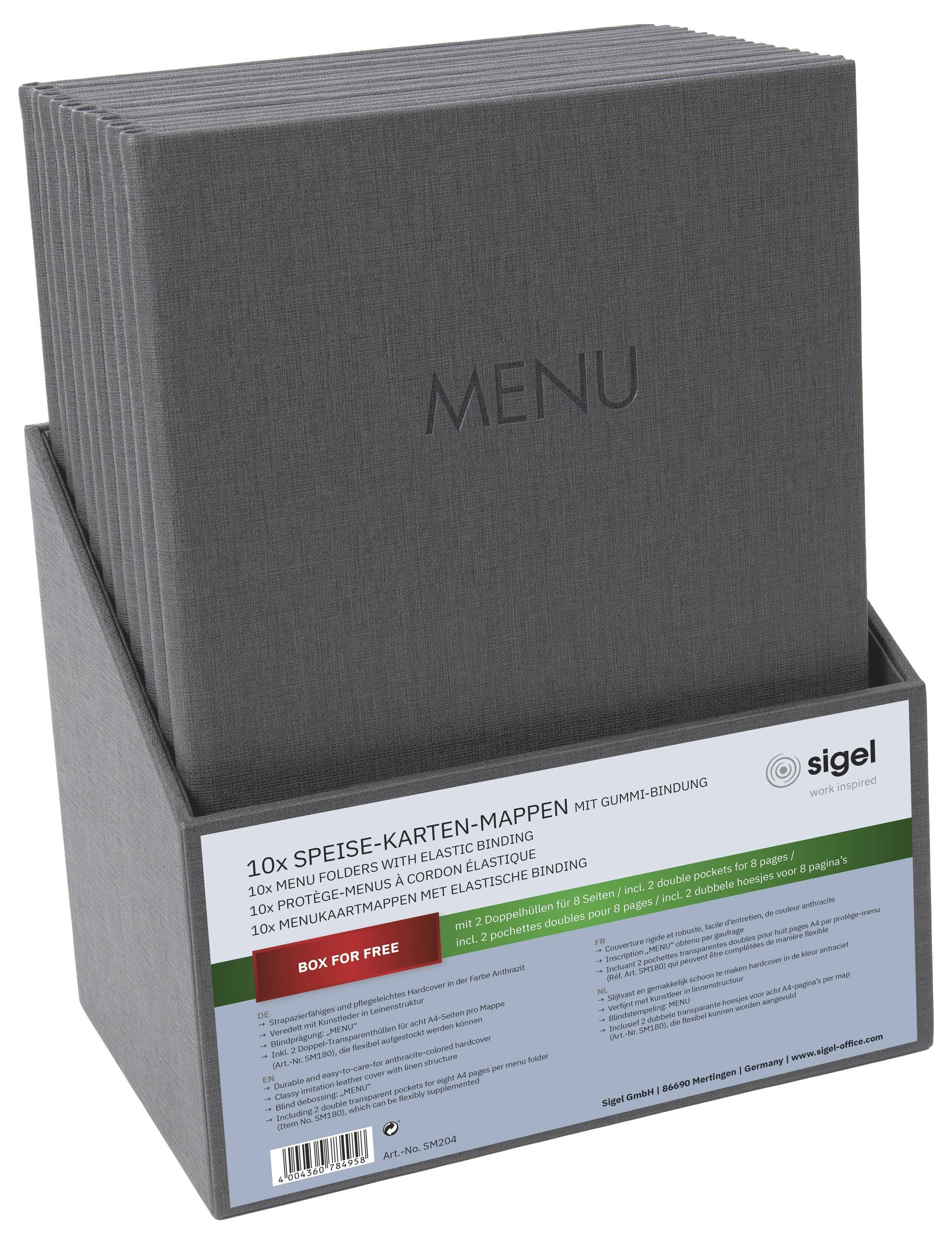 Szürke menükártyatartó kijelző doboz „MENU" mappákkal és egy Sigel termékcímkével az előlapján.