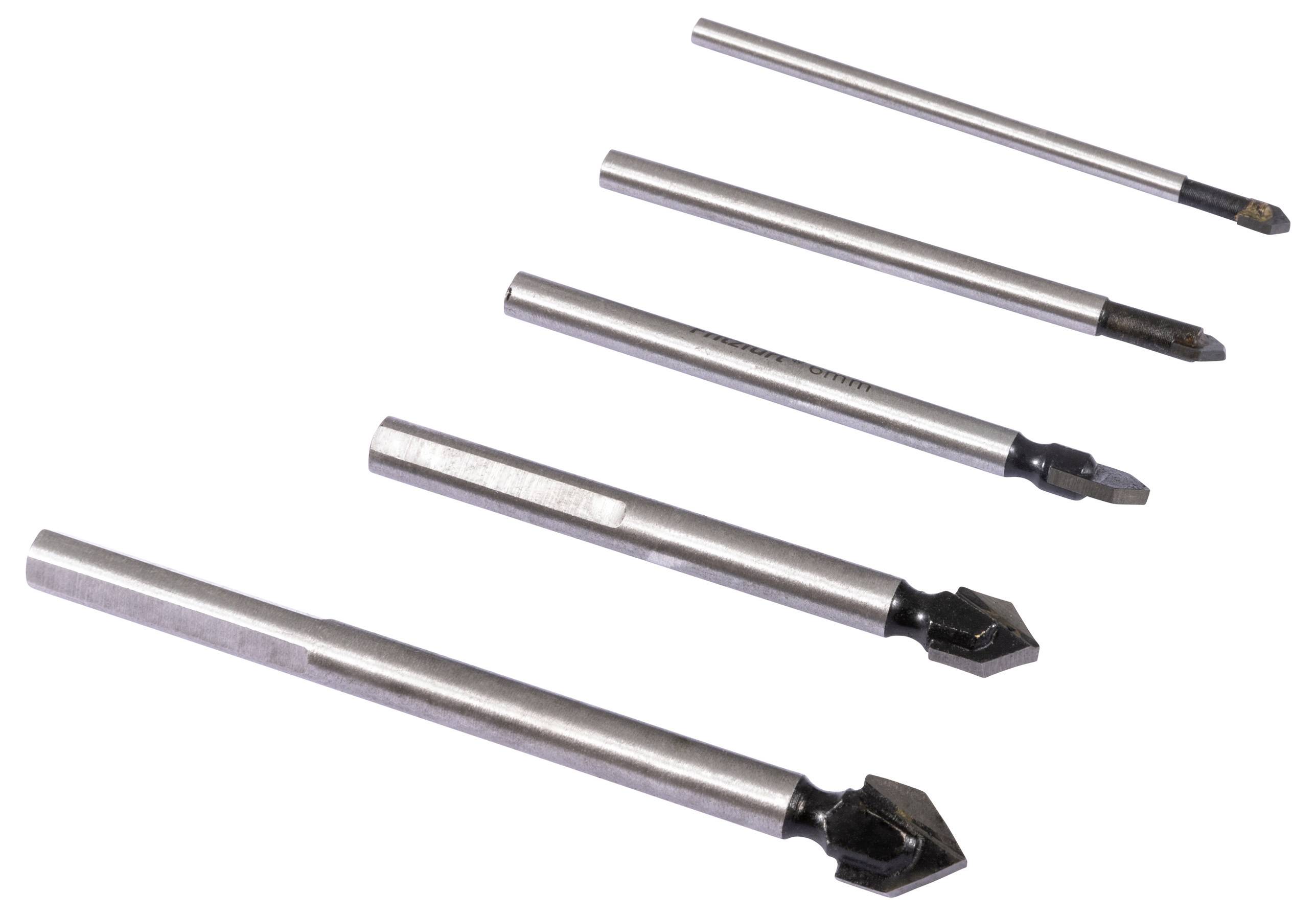 Öt különböző méretű fúrófej vízszintesen elrendezve, kicsinytől nagyig, fém szárral és sötét fúróhegyekkel.
