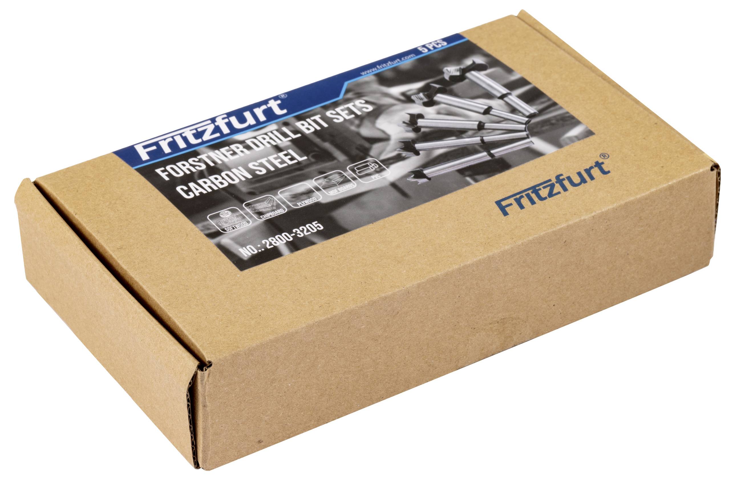 Kartondoboz, amelyen „Forstner fúrófej-készletek, széntartalmú acél" felirat olvasható, fúrófejek képeivel. A „Fritzfurt" márkanév látható a dobozon.