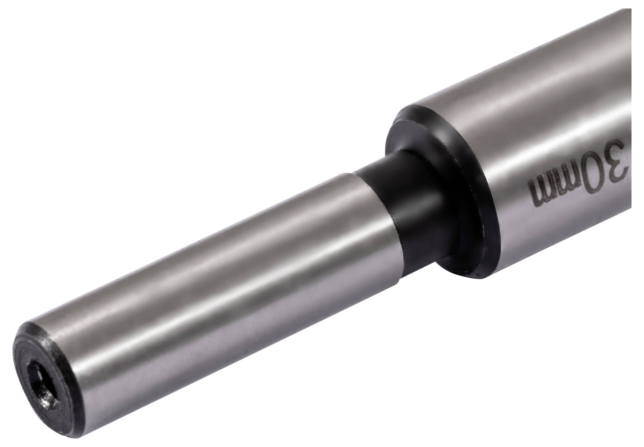 Egy közeli felvétel egy fém hengeres eszközről, amelynek az oldalán '30 mm' felirat látható, sima, fényezett felülettel és kerek hegyű végződéssel.