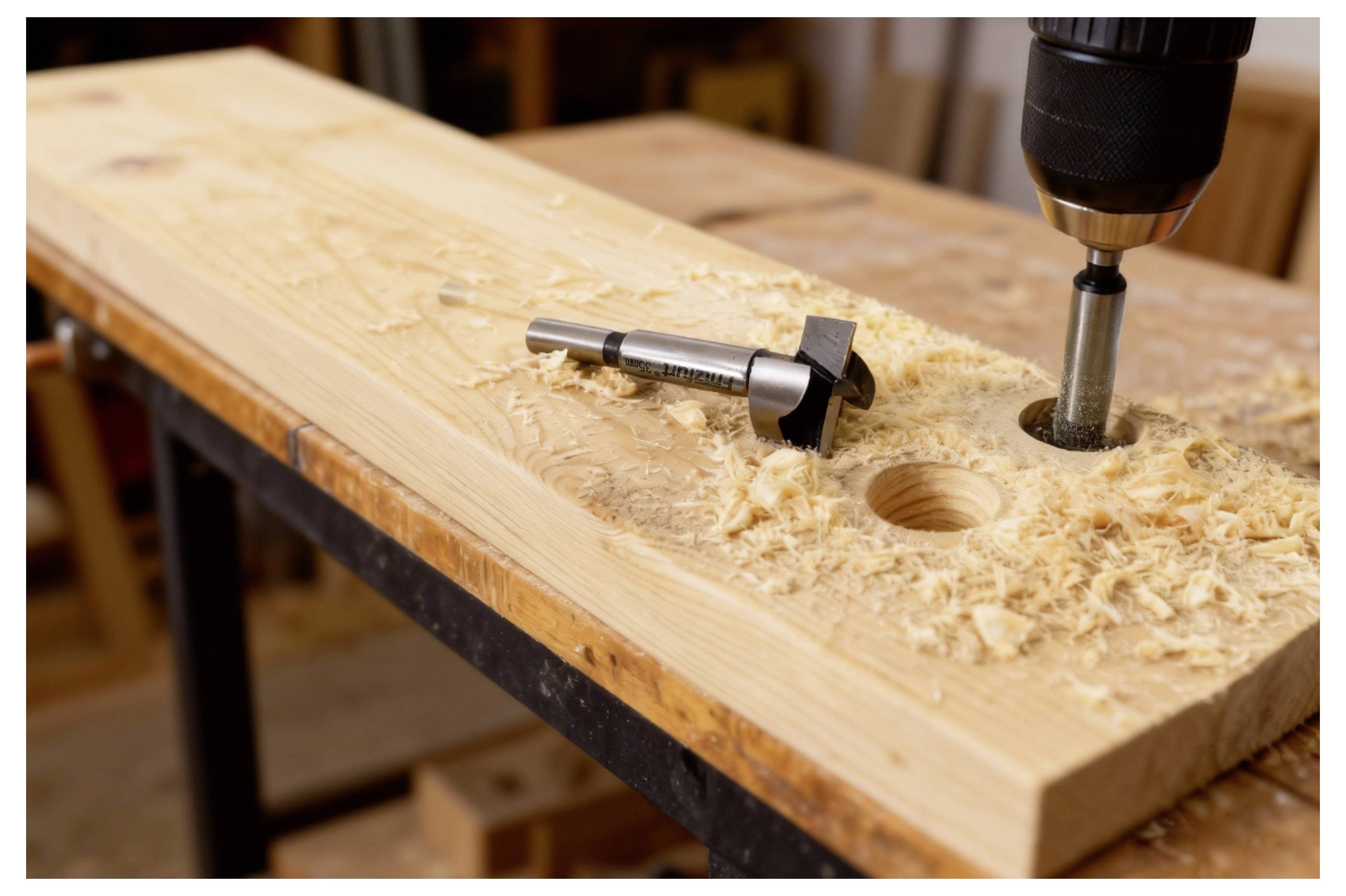 Egy fa deszkát szorítanak egy munkapadhoz, miközben egy elektromos fúrógép nagy kerek lyukat fúr bele. Faforgácsok szóródnak szét a környéken.