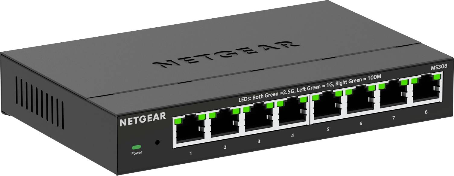 Netgear MS308 8-portos Gigabit Ethernet switch zöld LED-kijelzőkkel. Lehetővé teszi több eszköz hálózati csatlakoztatását.