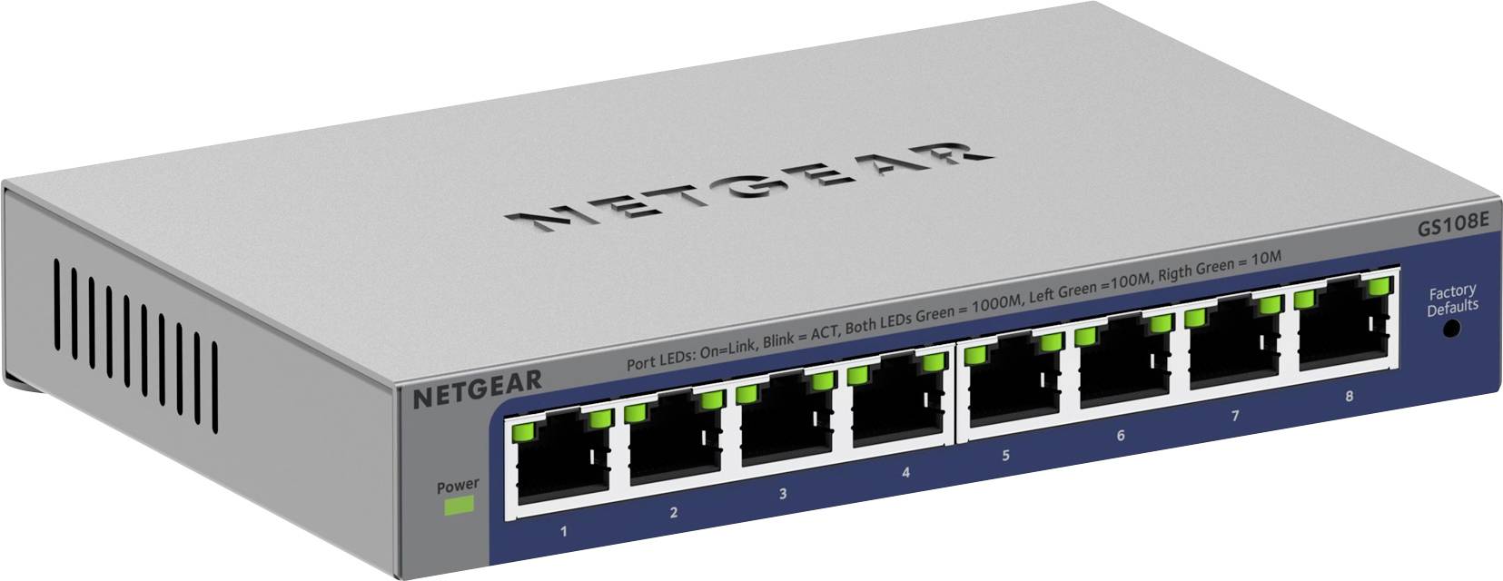 Egy szürke Netgear GS108E hálózati switch nyolc Ethernet-porttal és LED-kijelzőkkel az állapot figyeléséhez.