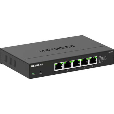 Netgear hálózati switch öt Ethernet-porttal és LED-jelzőkkel a tápellátás, kapcsolat, sebesség és aktivitás jelzésére.