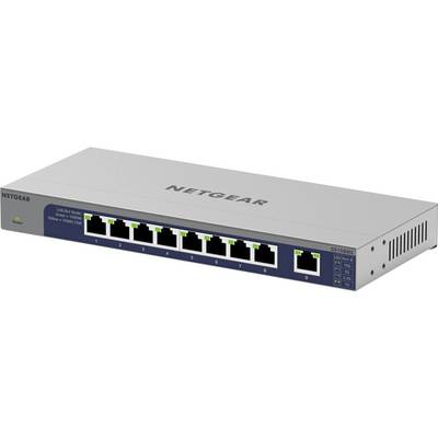 Nyolc Ethernet-porttal és LED-kijelzőkkel rendelkező Netgear hálózati switch.