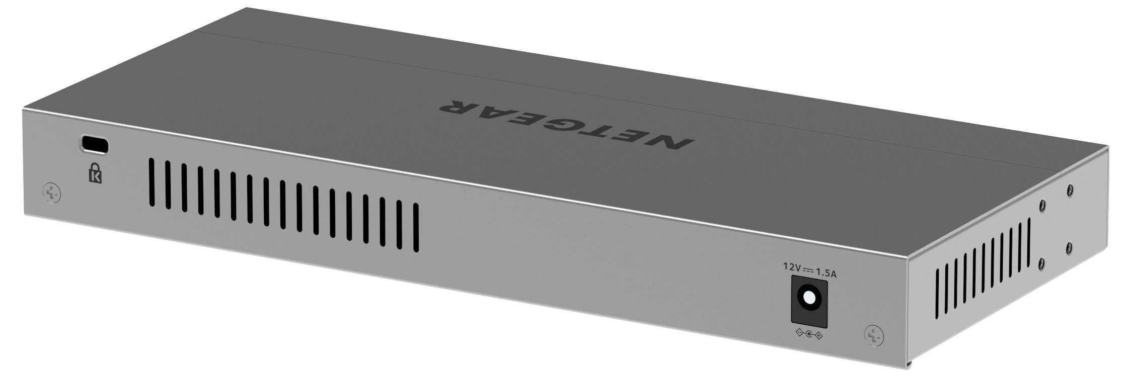 Négyszög alakú hálózati switch Netgear logóval, szellőzőnyílásokkal és csatlakozókkal az elülső oldalán.