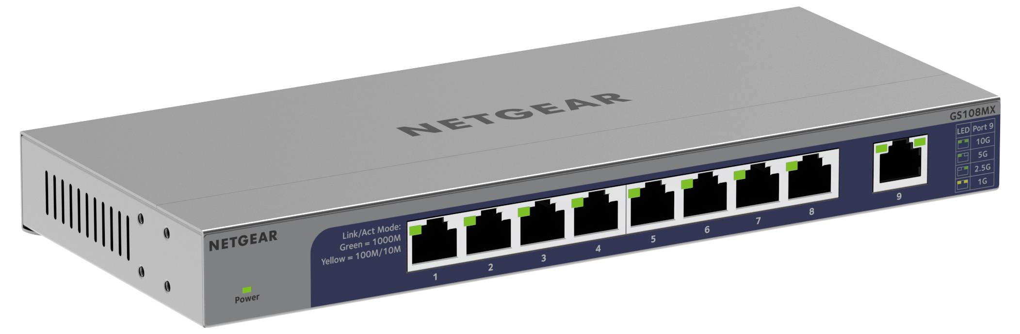 Egy szürke NETGEAR nyolcportos Ethernet-switch, amely hálózati csatlakozásra alkalmas. Négy zöld LED jelzi az üzemi állapotot.
