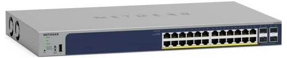Netgear hálózati switch 24 Ethernet-porttal és szürke felső borítással.