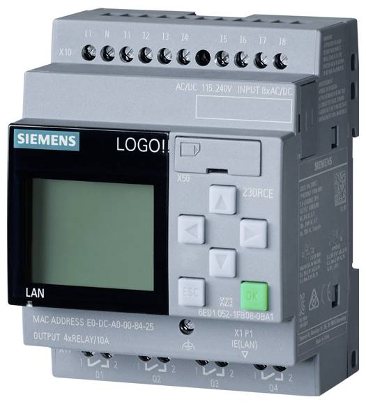 Kompakt Siemens LOGO! vezérlőegység automatizáláshoz, 8 bemenet, 4 relés kimenet, LCD kijelző, LAN-csatlakozás.