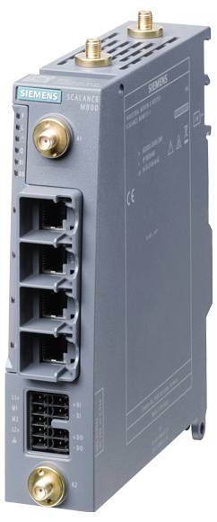 Siemens ipari hálózati switch több Ethernet-porttal és antennabemenettel, Scalence M800 modell.