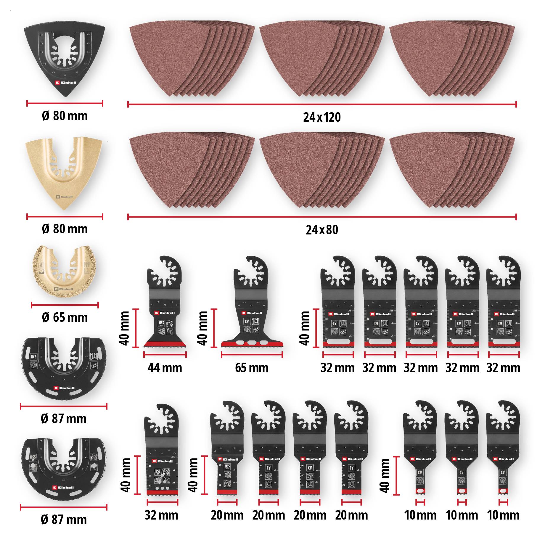 Multitools különféle csiszolási és vágási kiegészítői: csiszolópárnák, reszelők, fa- és fémfűrészlapok. Méretek megadva.